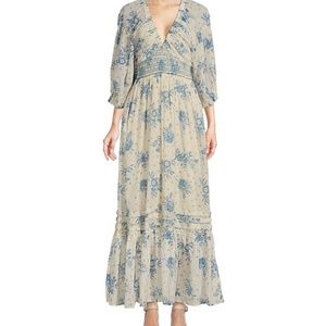 Free People Golden Hour Floral Print Plunging V-Neck 3/4 Sleeve Empire Waist Tie